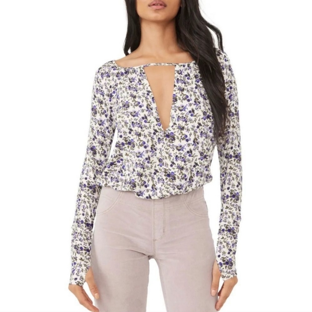 NWT FREE PEOPLE Ivory Floral Long Sleeve Bodysuit